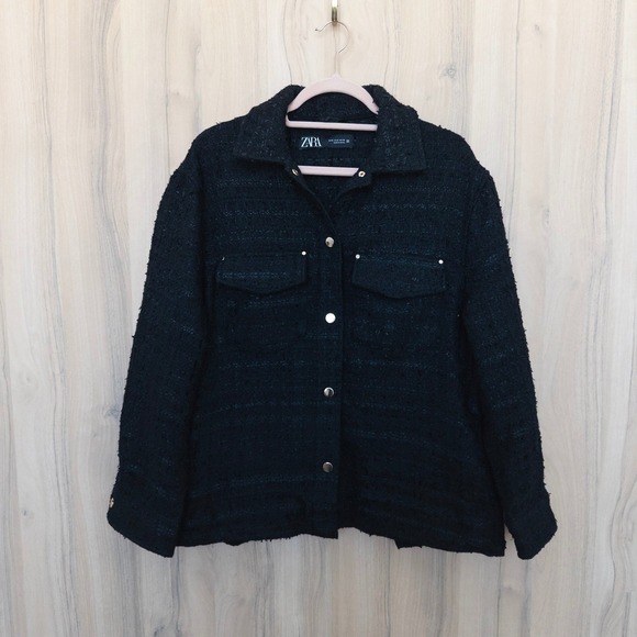 Zara Jackets & Blazers - Zara Womens Tweed Shacket S Oversized Black Textured Jacket Preppy Parisian Chic
